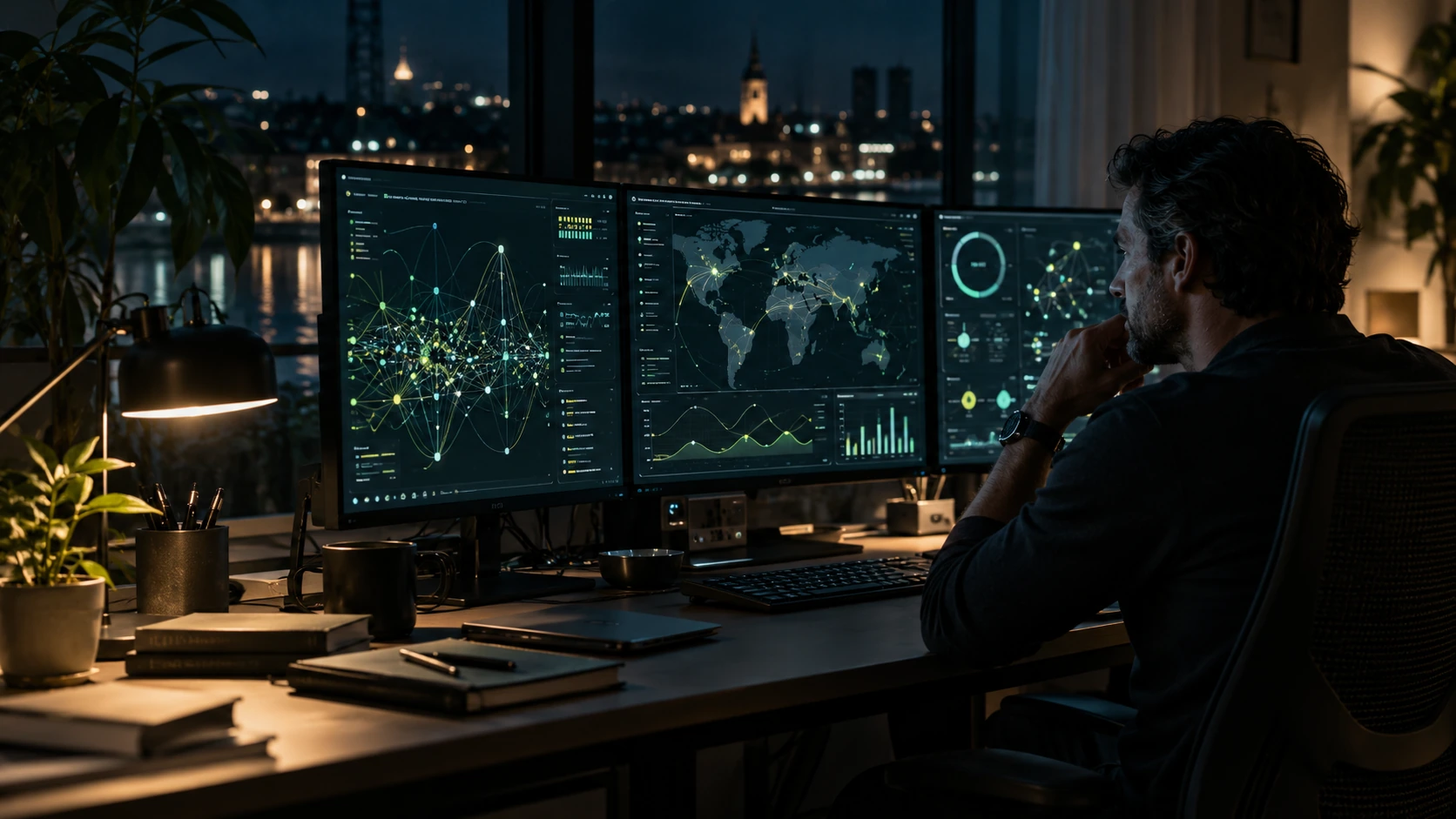Illustratieve technische werkplek met monitoringschermen